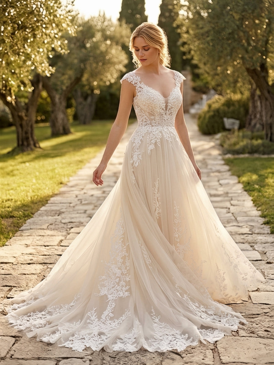 Lacey Bridal Ltd. Lavinia blush-champagne A-line wedding gown with floral lace appliqué and sheer illusion V-neckline
