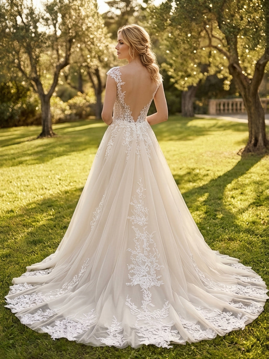 Lacey Bridal Ltd. LAVINIA blush-champagne A-line wedding gown with lace cap sleeves and a low V-back in a garden.