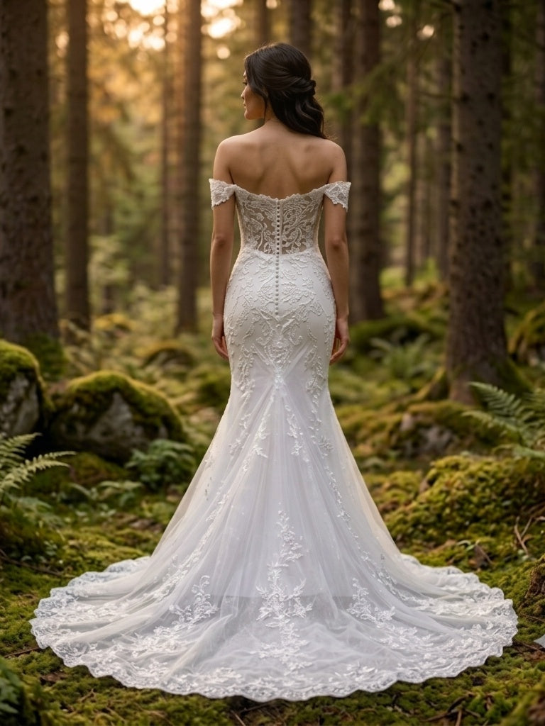 Lacey Bridal Ltd. Leona mermaid wedding dress with off-the-shoulder lace straps and button-back detail in a forest.