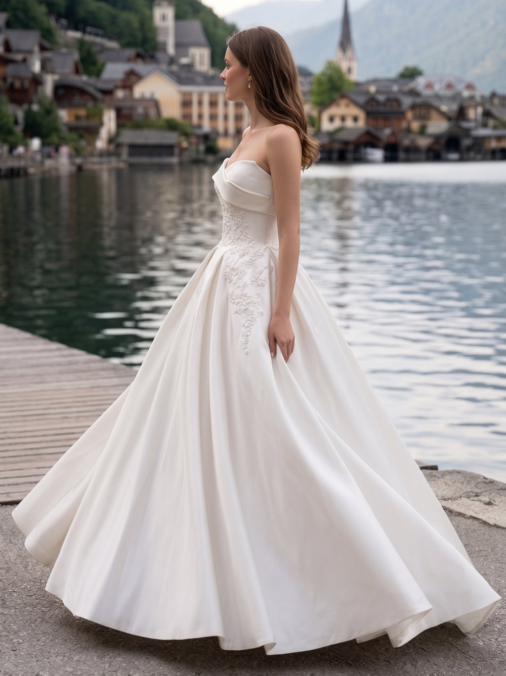 Lacey Bridal Ltd. LUCIA strapless satin ball gown with beaded floral lace bodice and full skirt by a lakeside