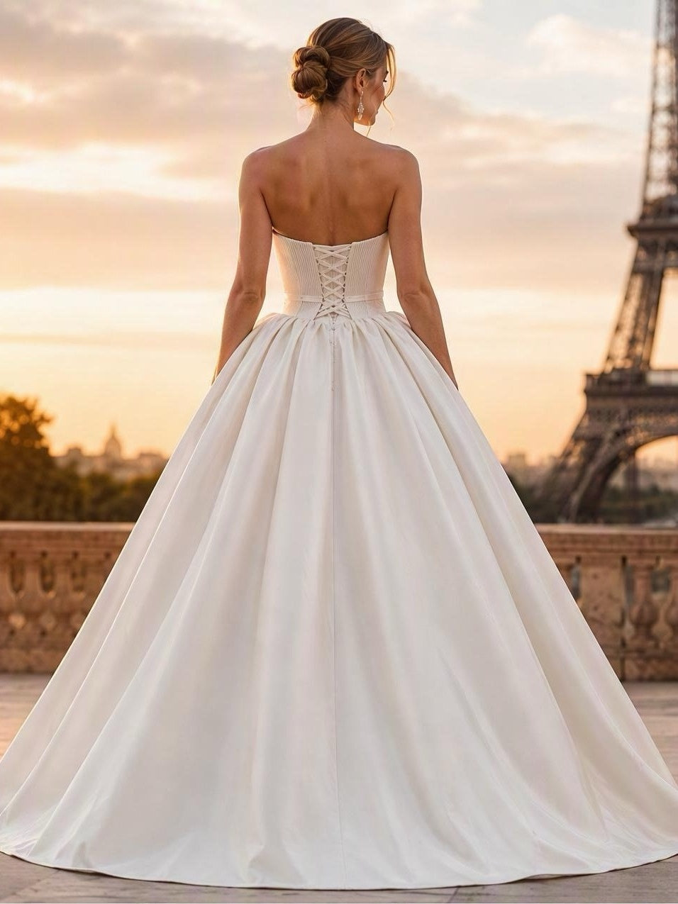 Lacey Bridal Ltd. Lucienne strapless satin ballgown with a pleated corset back and voluminous skirt in Paris.