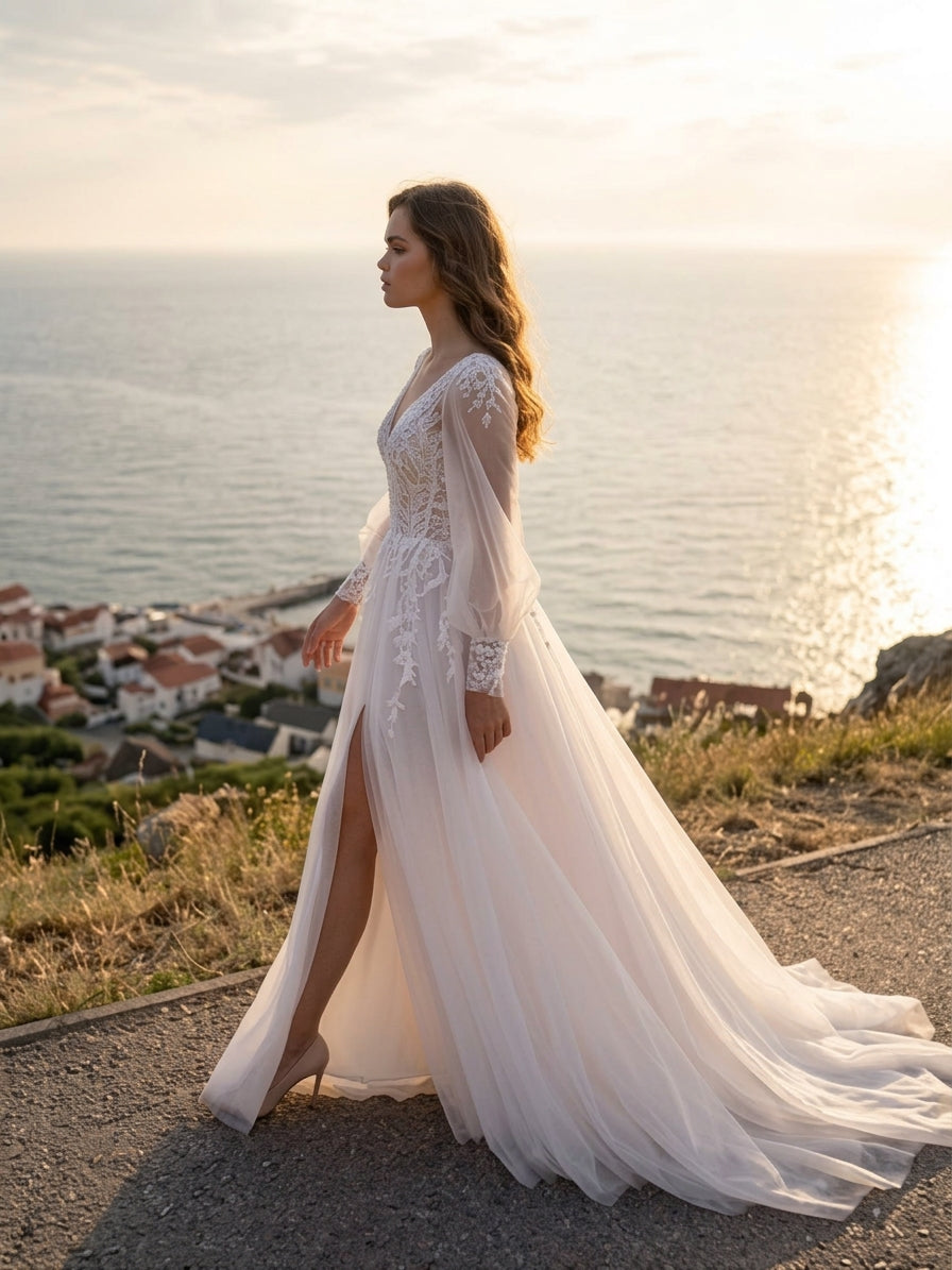 Lacey Bridal Ltd. Lucinda A-line wedding gown with floral lace bodice, billowing sleeves, and a tulle skirt with split