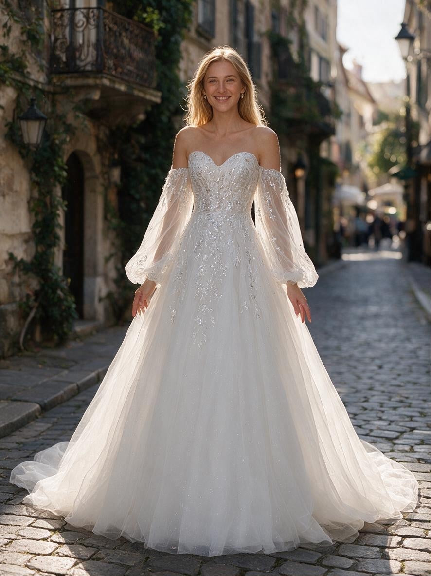 Lacey Bridal Ltd. Marcella A-line wedding gown with floral embroidery, beaded bodice, and sheer bishop sleeves.