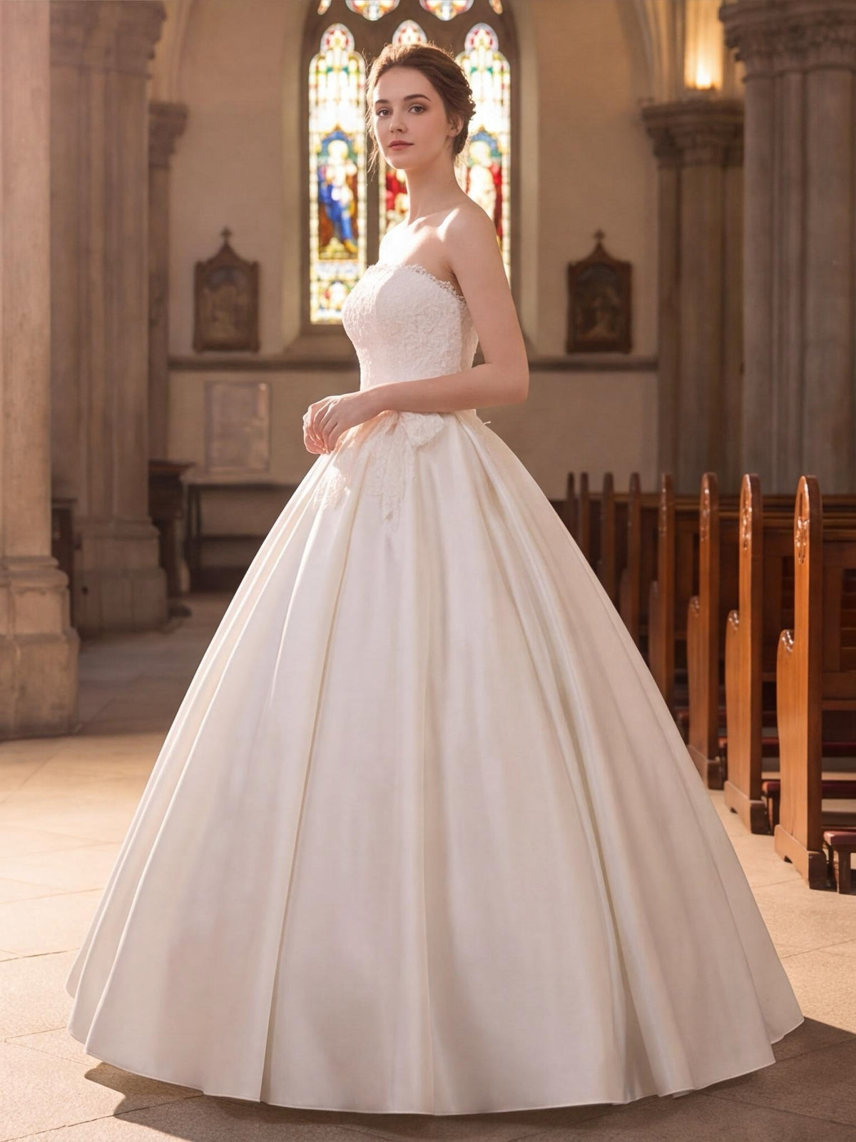 Lacey Bridal Ltd. Marigold strapless satin ballgown with lace bodice and chapel-length train in a cathedral setting.