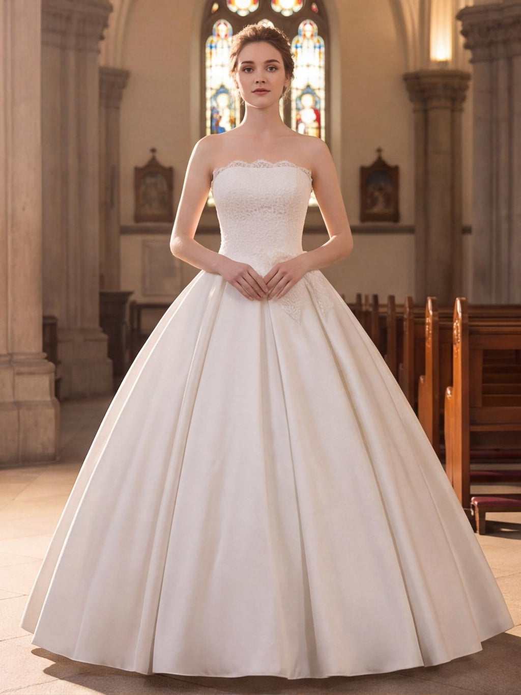 Lacey Bridal Ltd. strapless satin ballgown with lace bodice and eyelash trim in a church setting
