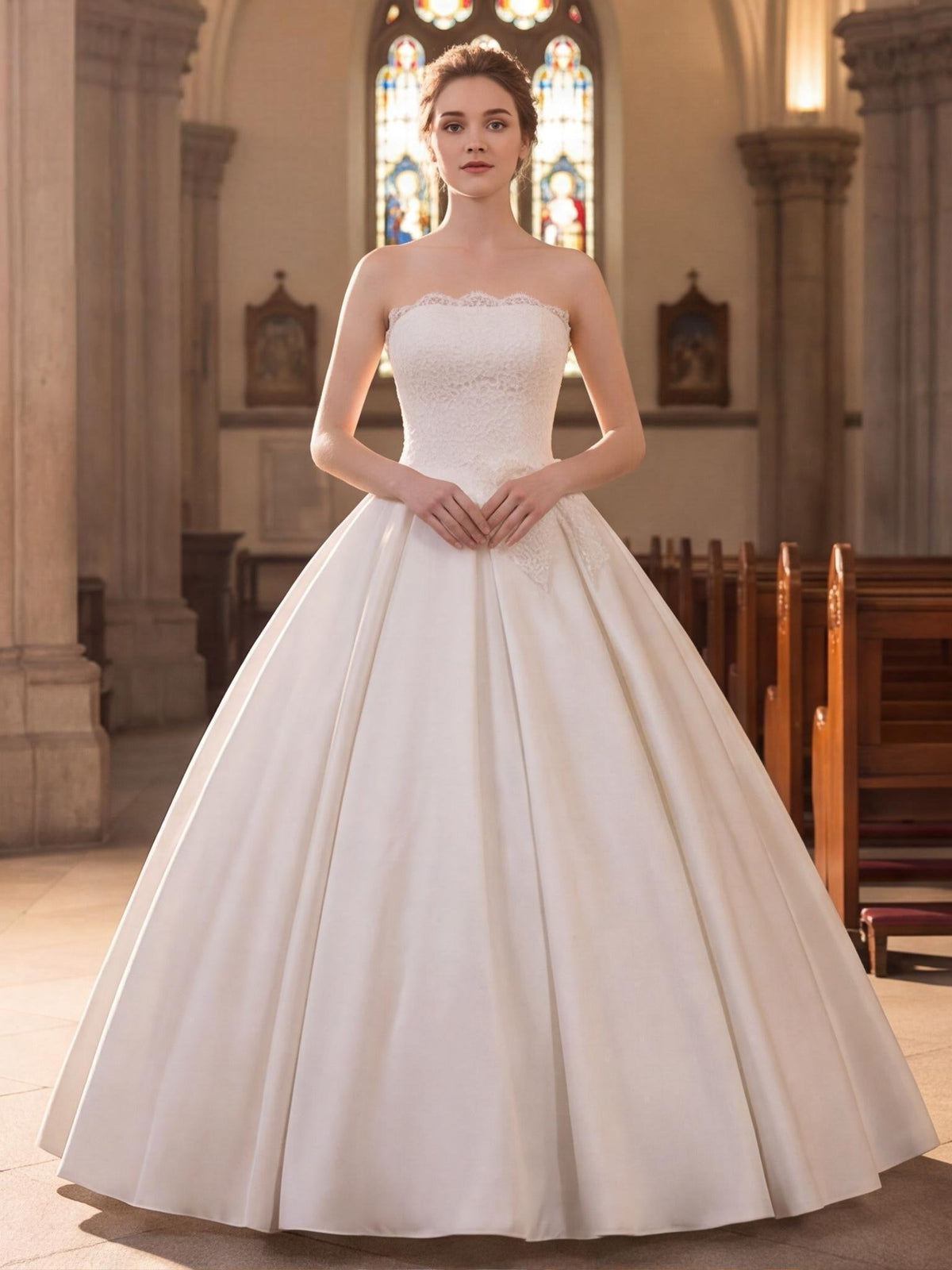 Lacey Bridal Ltd. strapless satin ballgown with lace bodice and eyelash trim in a church setting
