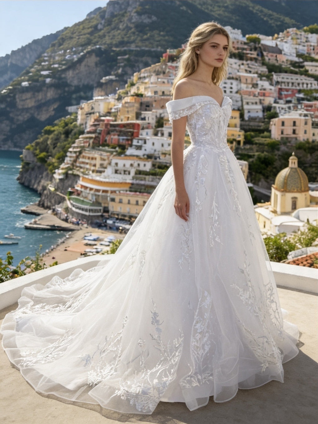 Lacey Bridal Ltd. MARINA off-the-shoulder ballgown with embroidered tulle skirt on a coastal balcony.