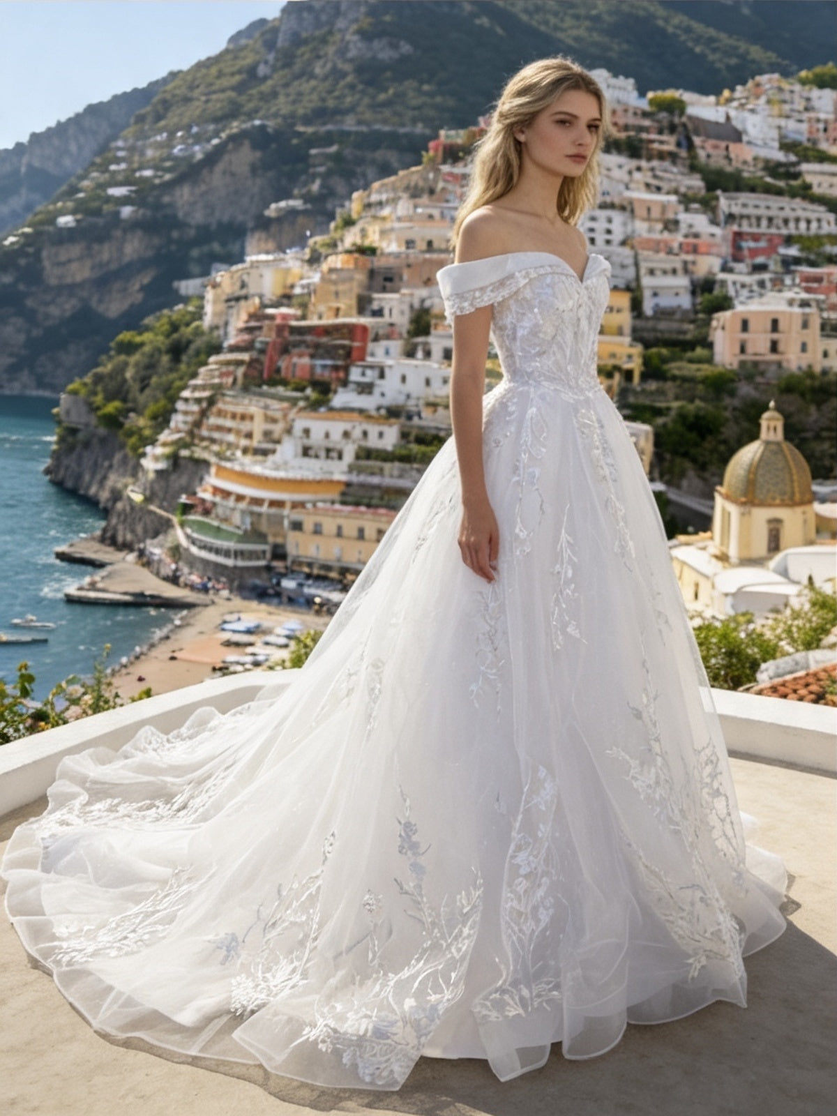 Lacey Bridal Ltd. MARINA off-the-shoulder ballgown with embroidered tulle skirt on a coastal balcony.