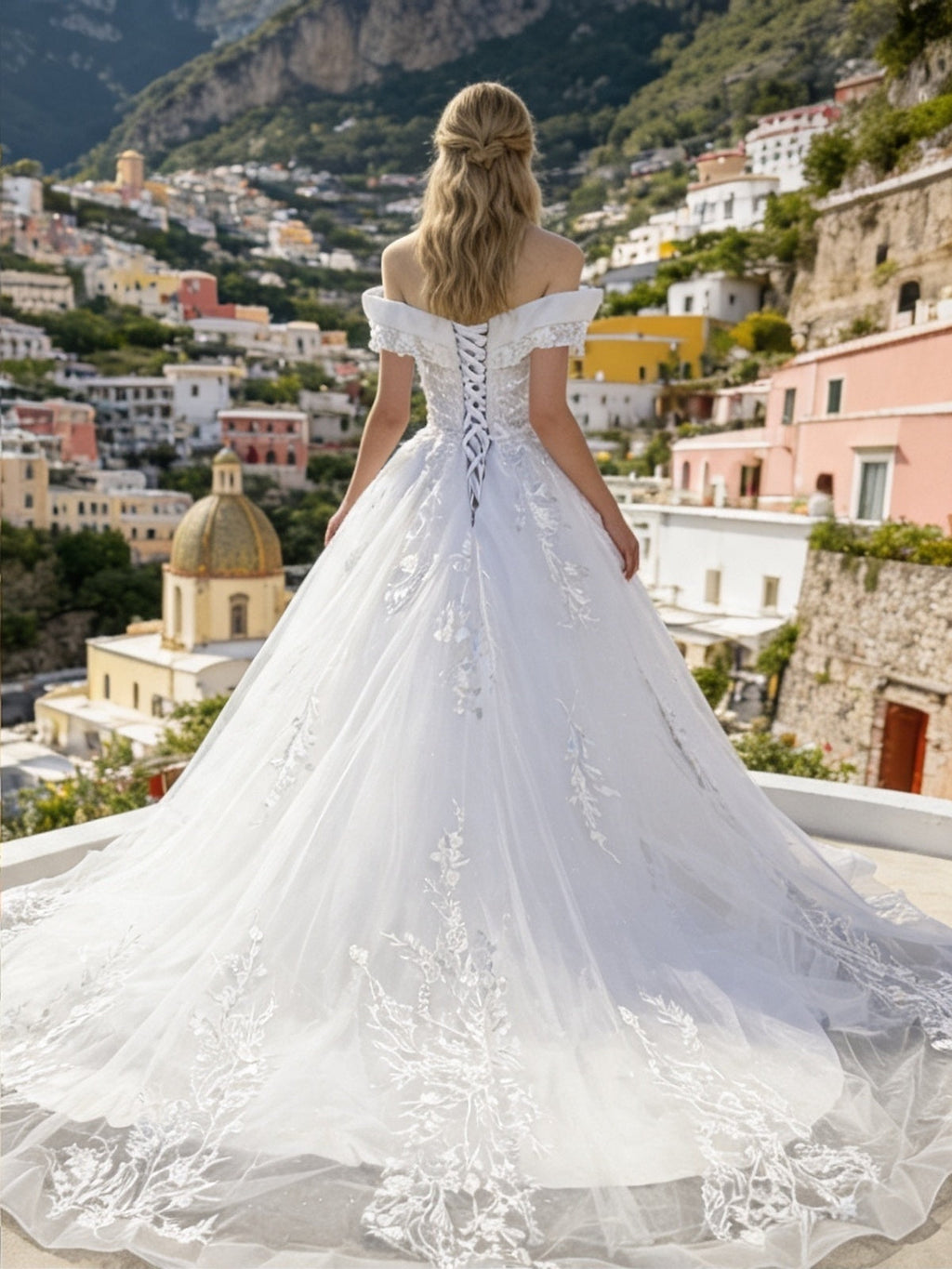 Lacey Bridal Ltd. MARINA off-the-shoulder ballgown with lace-up back and vine embroidery on a voluminous tulle skirt.