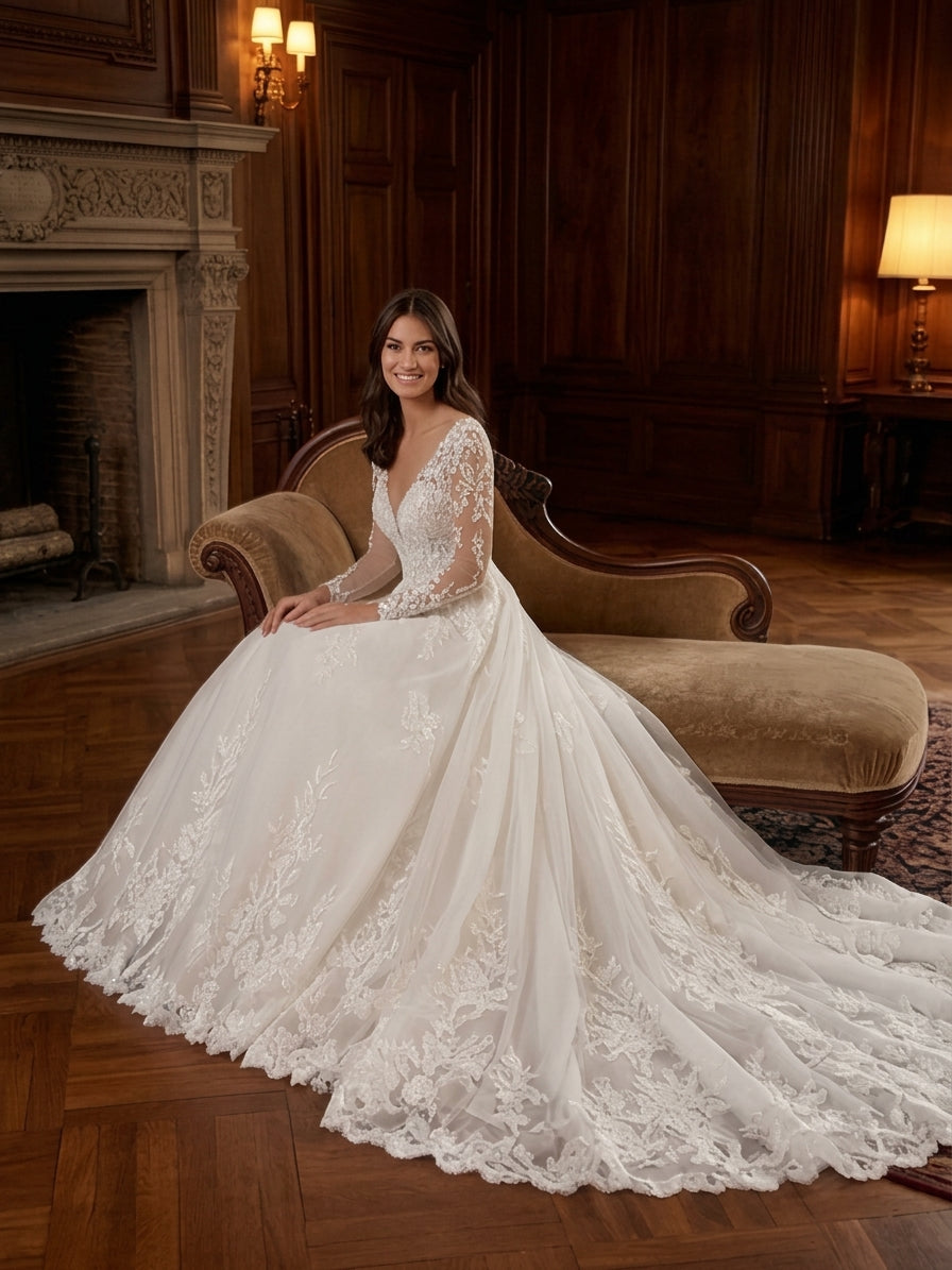 Lacey Bridal Ltd. Melissa A-line wedding gown with long illusion lace sleeves, V-neckline, and full tulle skirt.