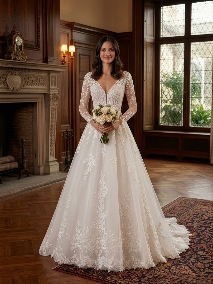 Lacey Bridal Ltd. Melissa A-line wedding gown with long illusion lace sleeves, plunging V-neck, and tulle skirt.