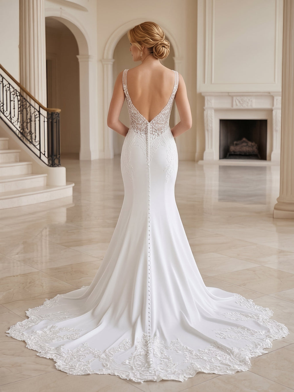 Lacey Bridal Ltd. Dorothea mermaid wedding gown with low V-back, beaded lace, and long train in a grand ballroom.