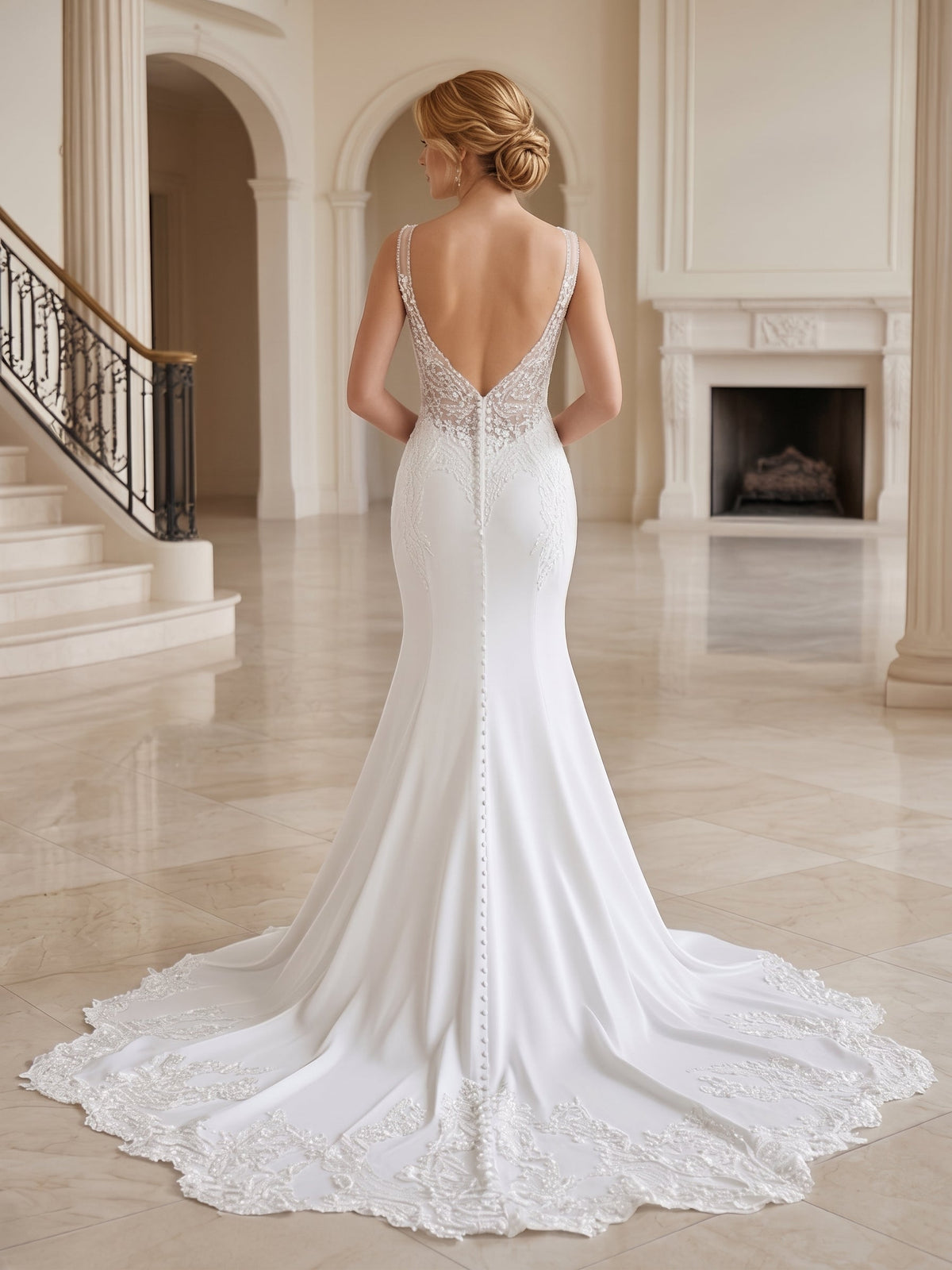 Lacey Bridal Ltd. Dorothea mermaid wedding gown with low V-back, beaded lace, and long train in a grand ballroom.