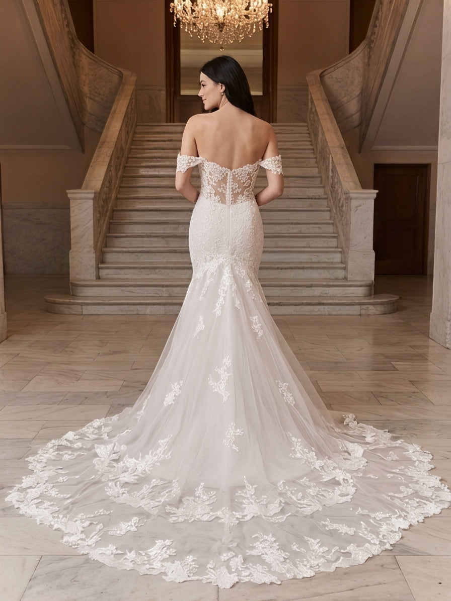 Lacey Bridal Ltd. Mirabelle mermaid wedding gown with off-shoulder lace straps, illusion back, and tulle train.