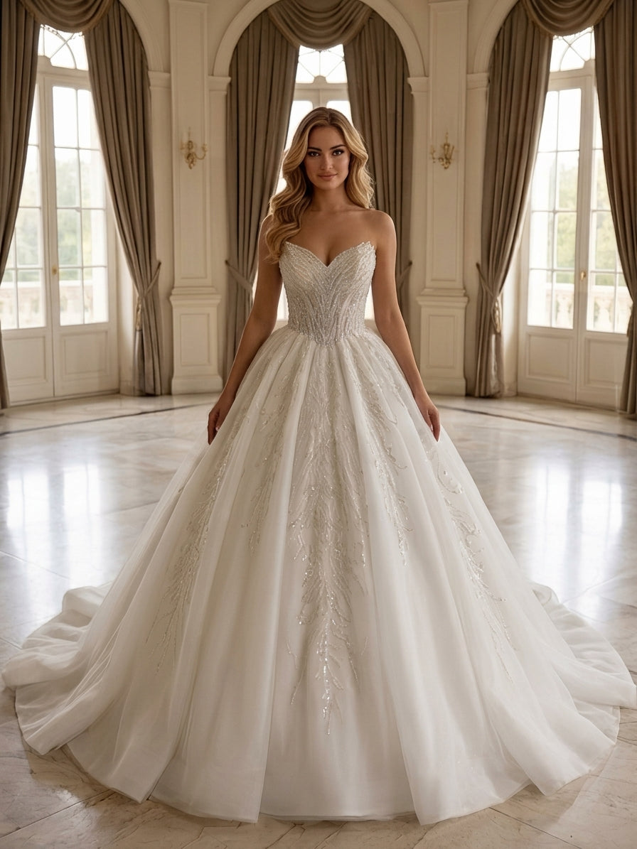 Lacey Bridal Ltd. Nerissa strapless ball gown with beaded sweetheart bodice and full tulle skirt in a grand ballroom.