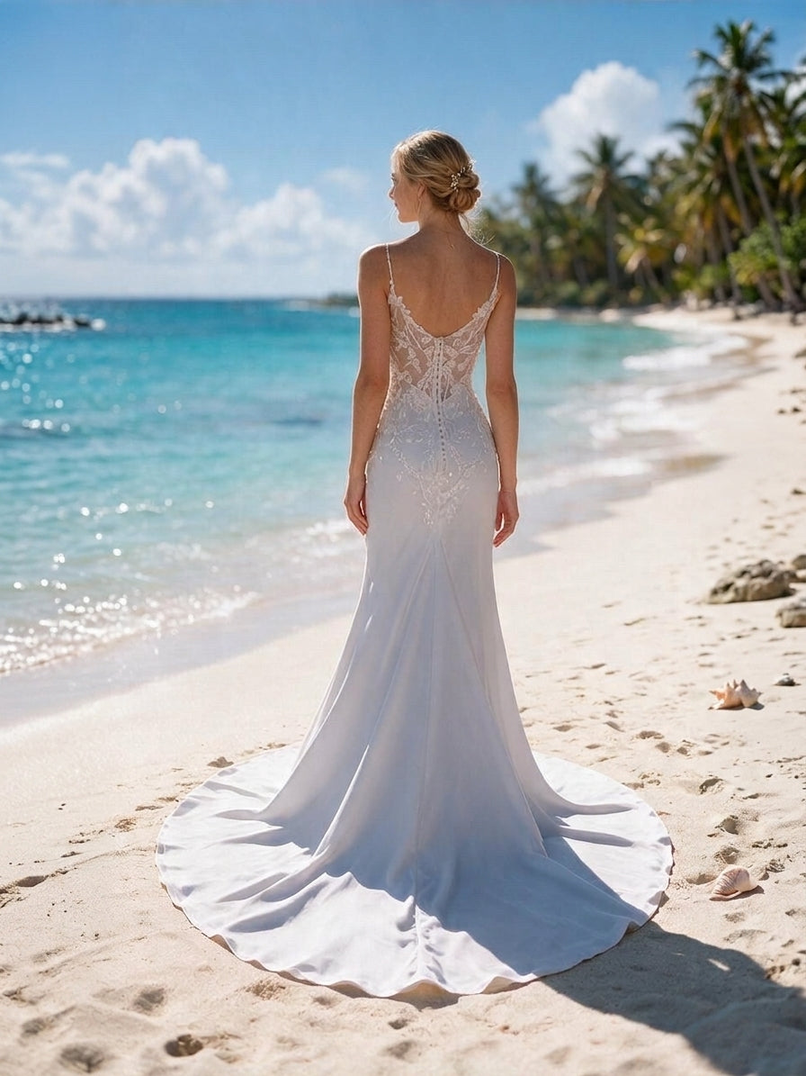 Lacey Bridal Ltd. Nicolette mermaid wedding dress with illusion lace back and sweep train on a tropical beach