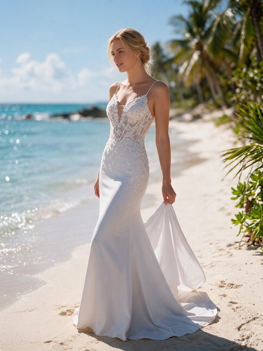 Lacey Bridal Ltd. Nicolette mermaid wedding gown with sheer floral lace bodice and plunging neckline on a beach.