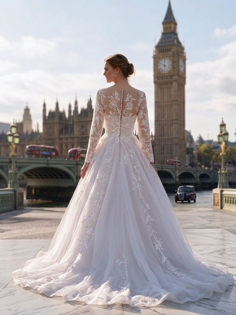 Lacey Bridal Ltd. Octavia long-sleeve A-line wedding gown with lace appliqués and illusion back in London