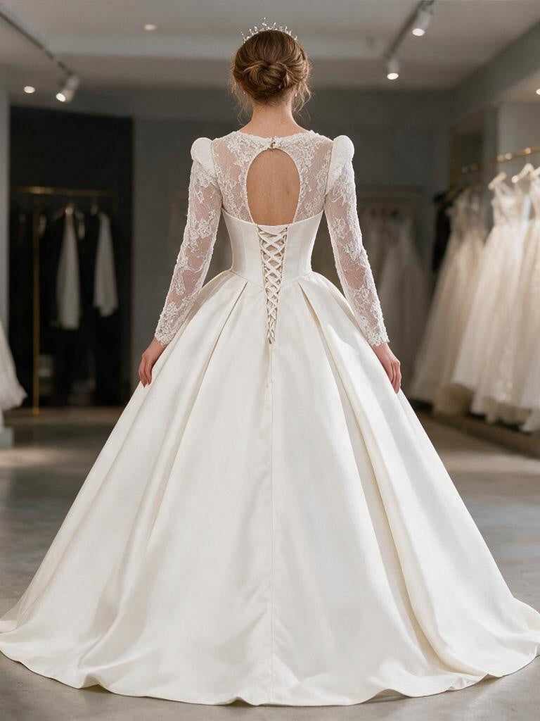 Lacey Bridal Ltd. Odette satin ballgown with long lace sleeves, keyhole back, and corset closure in a bridal boutique.