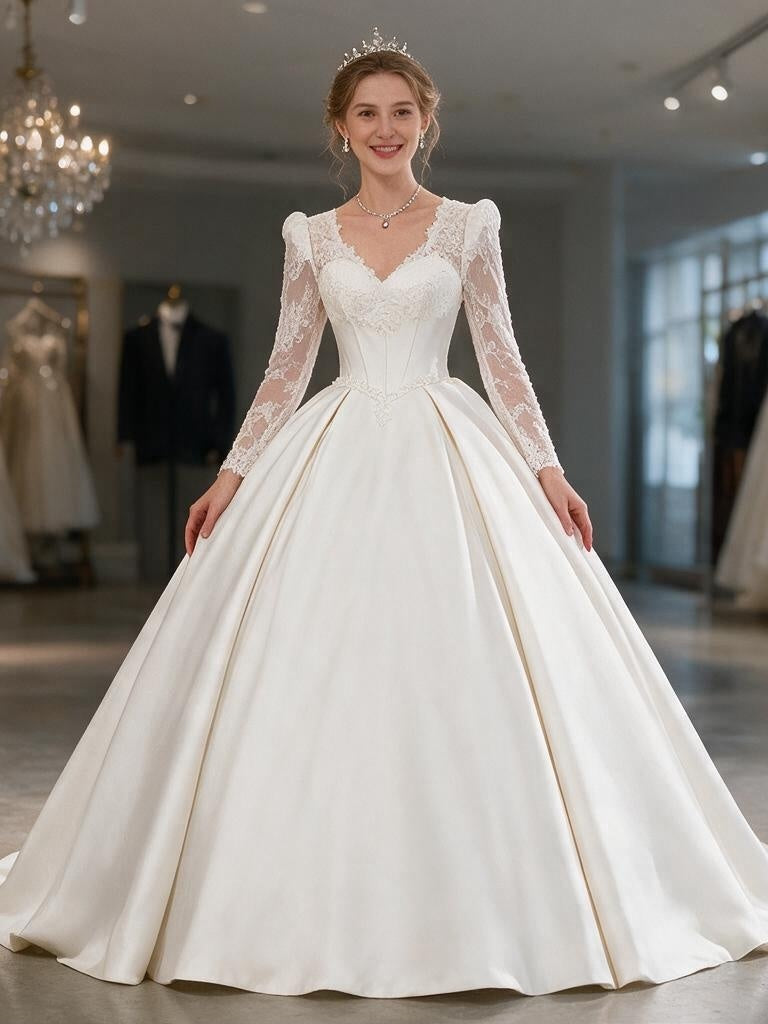 Lacey Bridal Ltd. Odette satin ballgown wedding dress with long lace sleeves, sweetheart neckline, and basque waist.