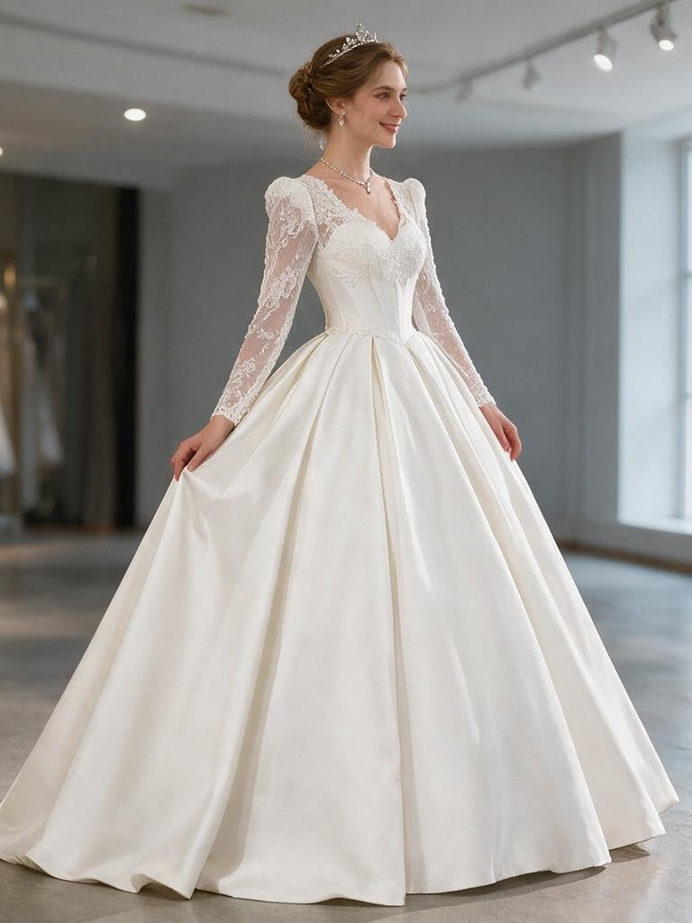 Lacey Bridal Ltd. Odette satin ballgown with long lace sleeves, sweetheart neckline, and a full pleated skirt.