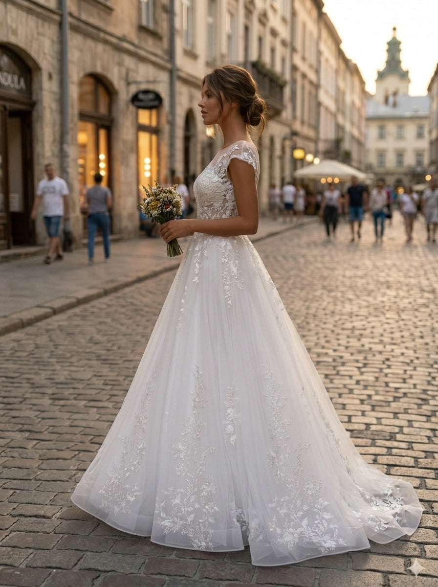 Lacey Bridal Ltd. Opalescence A-line wedding gown with sheer lace bodice and flowing tulle skirt on a cobblestone street