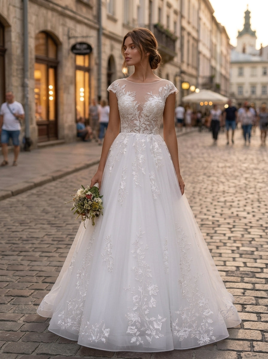 Lacey Bridal Ltd. Opalescence A-line wedding gown with sheer lace bodice and flowing tulle skirt on a city street.