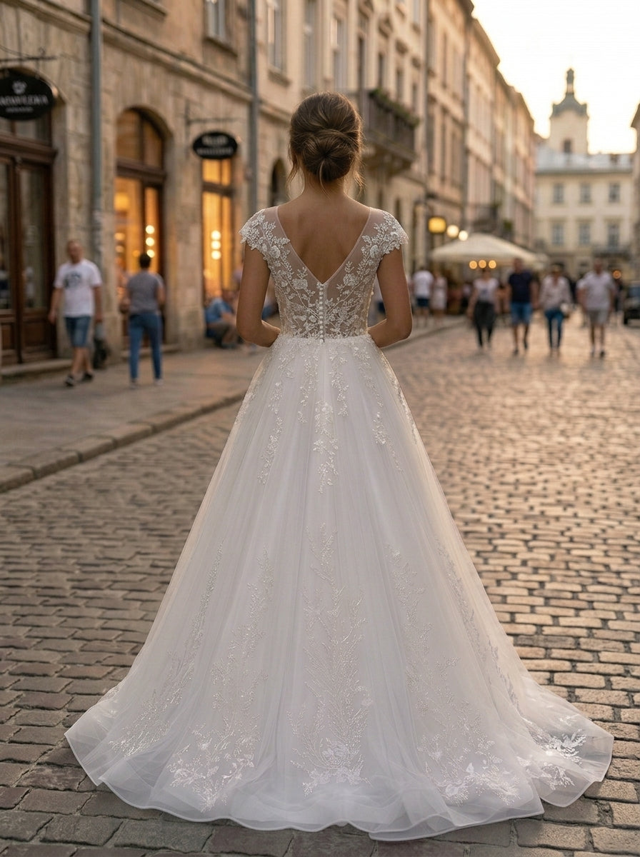 Lacey Bridal Ltd. Opalescence A-line wedding gown with sheer lace back and flowing tulle skirt on a cobblestone street