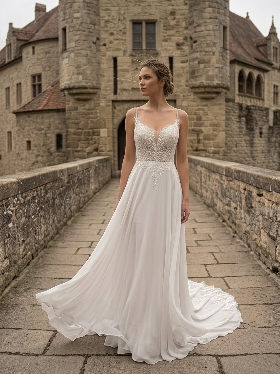 Lacey Bridal Ltd. Ophelia chiffon A-line wedding gown with lace bodice, V-neck, and train at a stone castle.