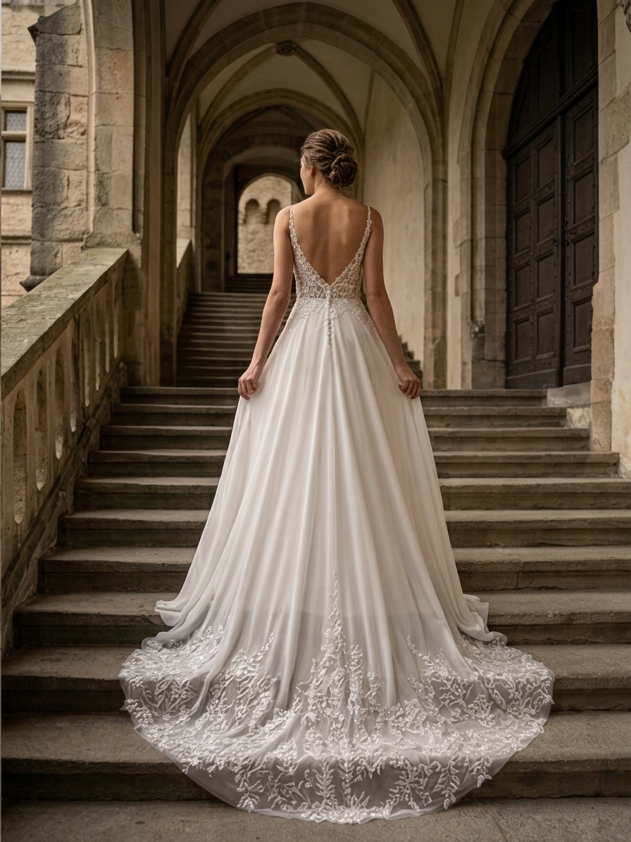 Lacey Bridal Ltd. Ophelia A-line wedding gown with low V-back, lace appliqués, and chiffon train on stone stairs.