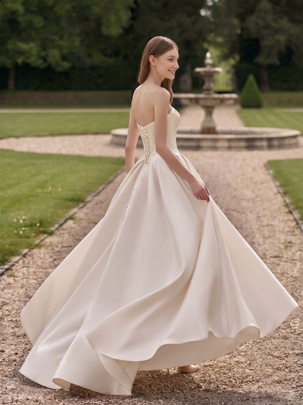 Lacey Bridal Ltd. Ophelia satin ball gown with a corset lace-up back and voluminous skirt in a garden setting.