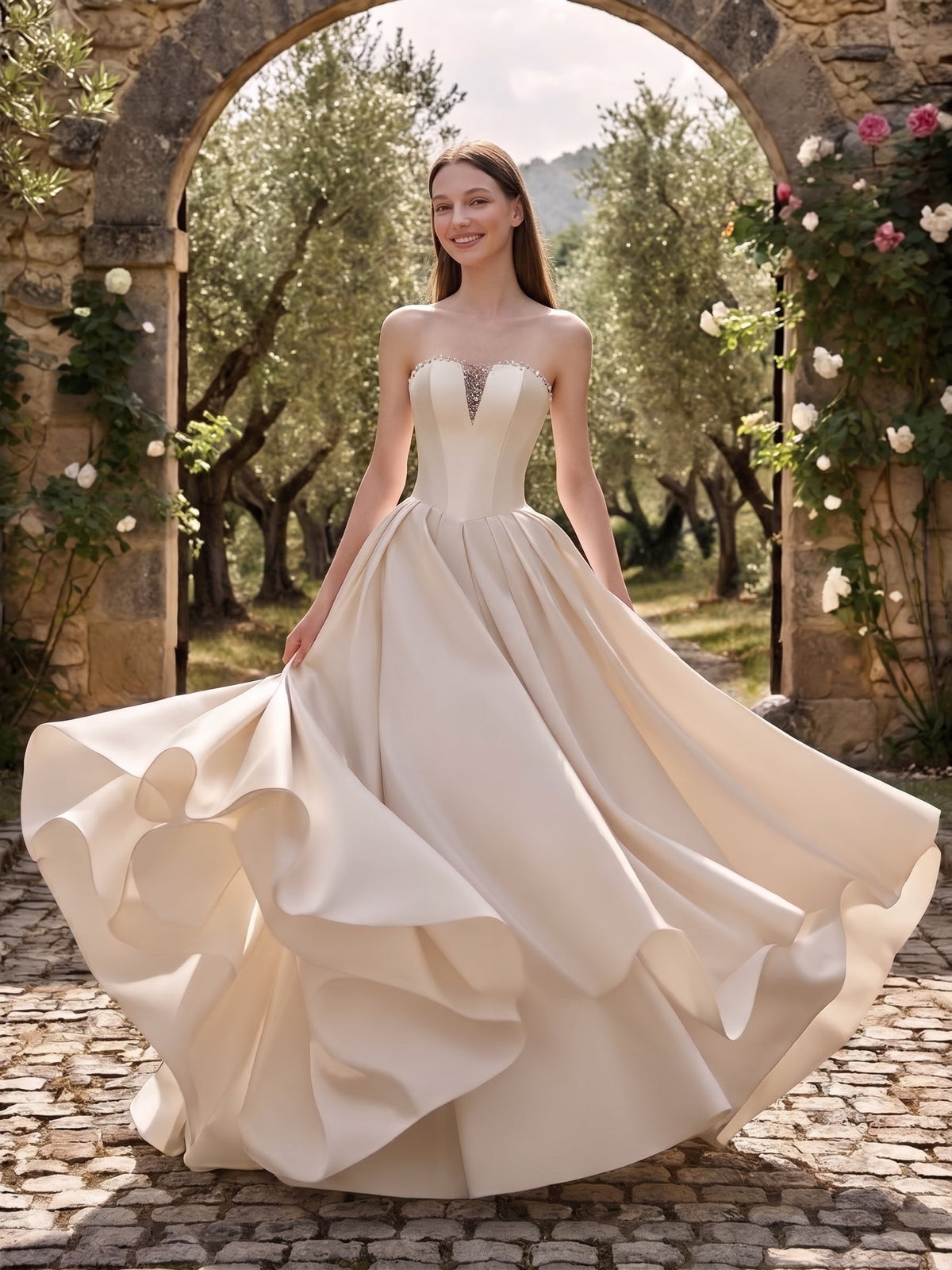 Lacey Bridal Ltd. Ophelia strapless satin ball gown with crystal beaded bodice and full skirt in an olive grove.