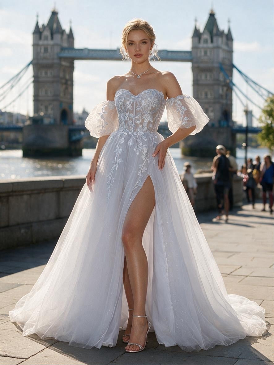 Lacey Bridal Ltd. Oriana icy A-line wedding gown with corset bodice, puff sleeves, and high slit in London setting.