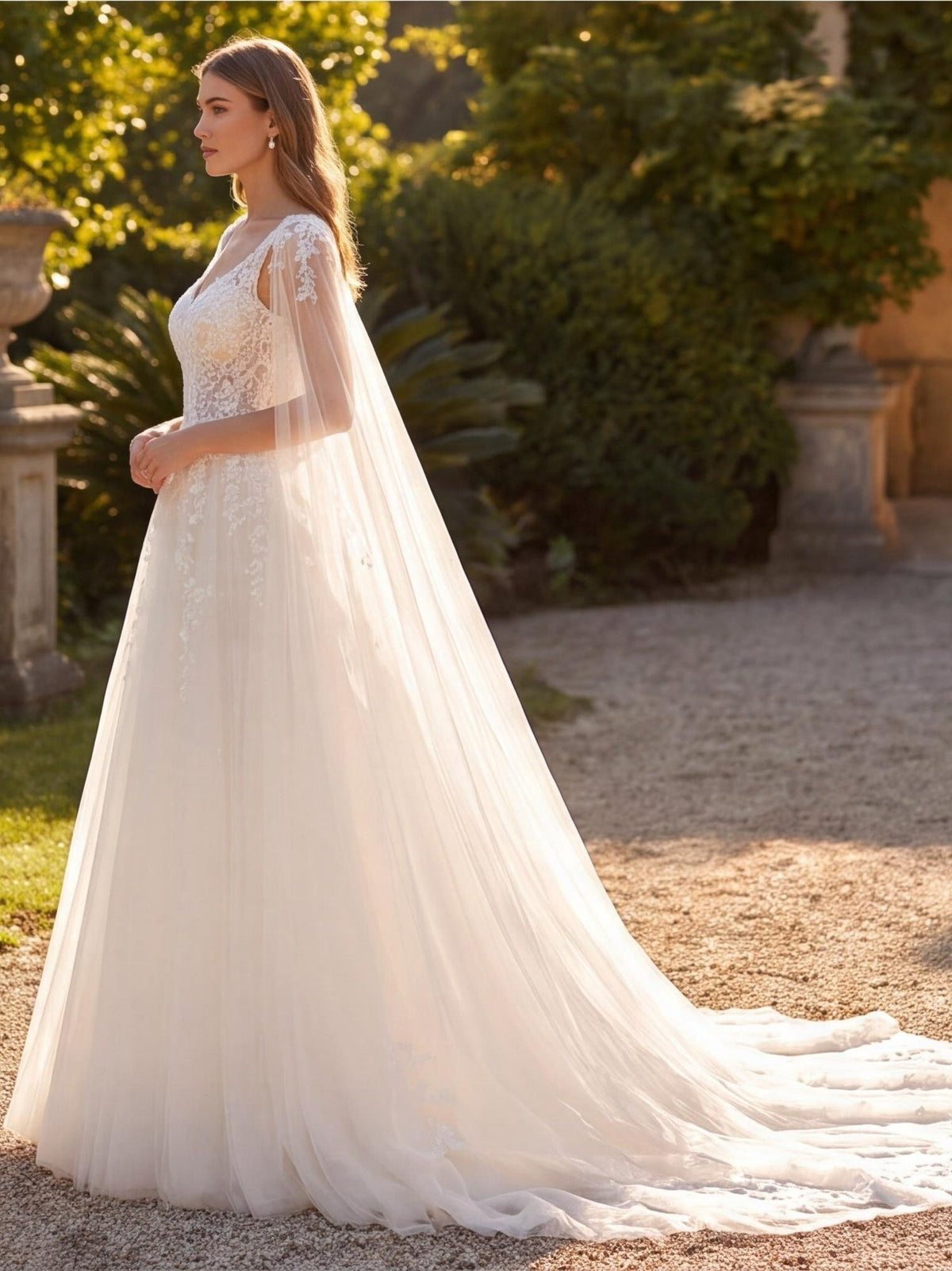 Lacey Bridal Ltd. Patricia A-line wedding gown with floral lace bodice, sheer tulle wings, and sweeping train.