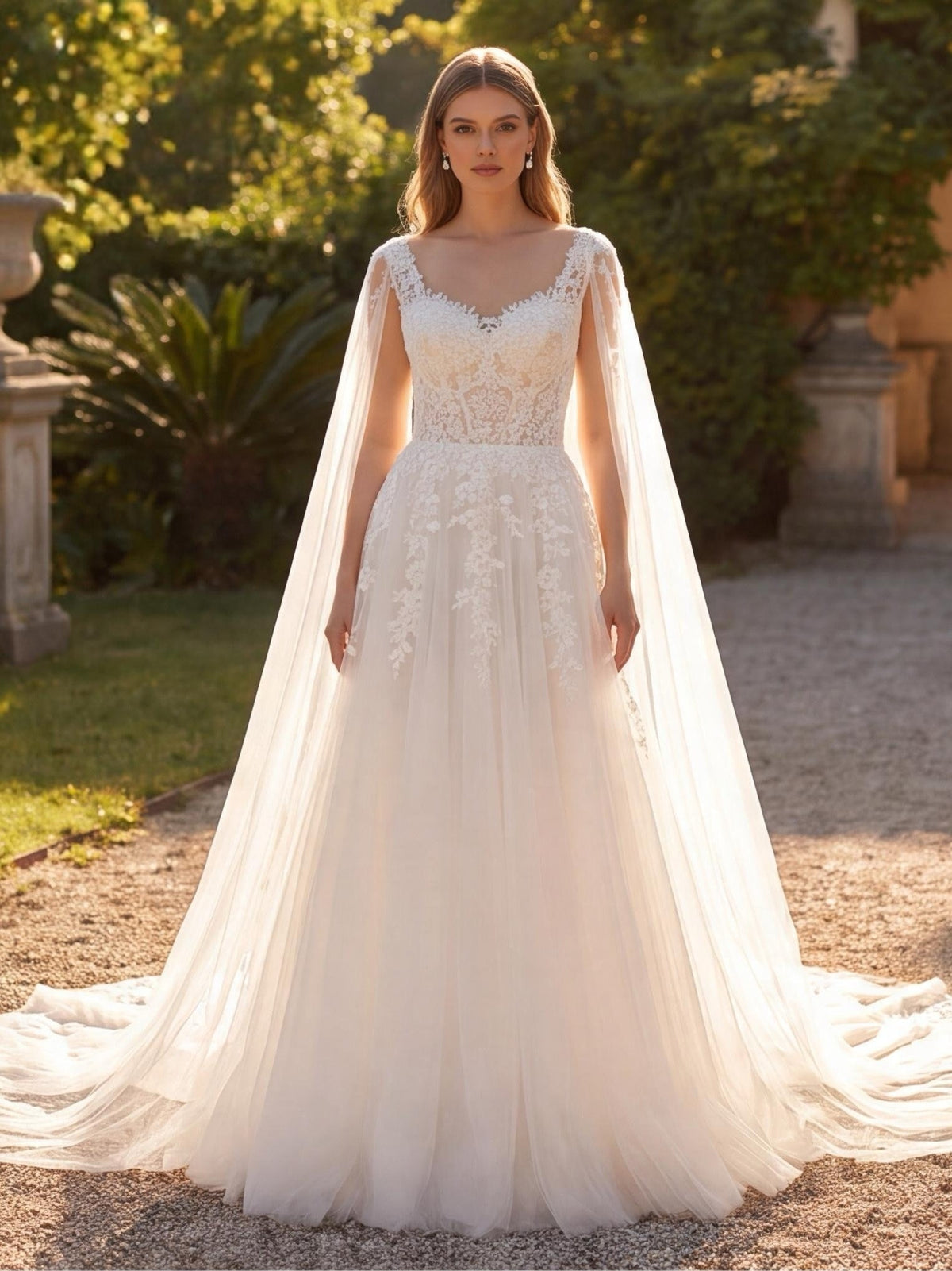 Lacey Bridal Ltd. PATRICIA A-line wedding gown with floral lace bodice, sheer tulle wings, and a dramatic train.