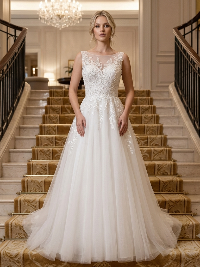 Lacey Bridal Ltd. PHILIPPA A-line wedding gown with illusion bateau neckline, damask lace bodice, and tulle skirt.