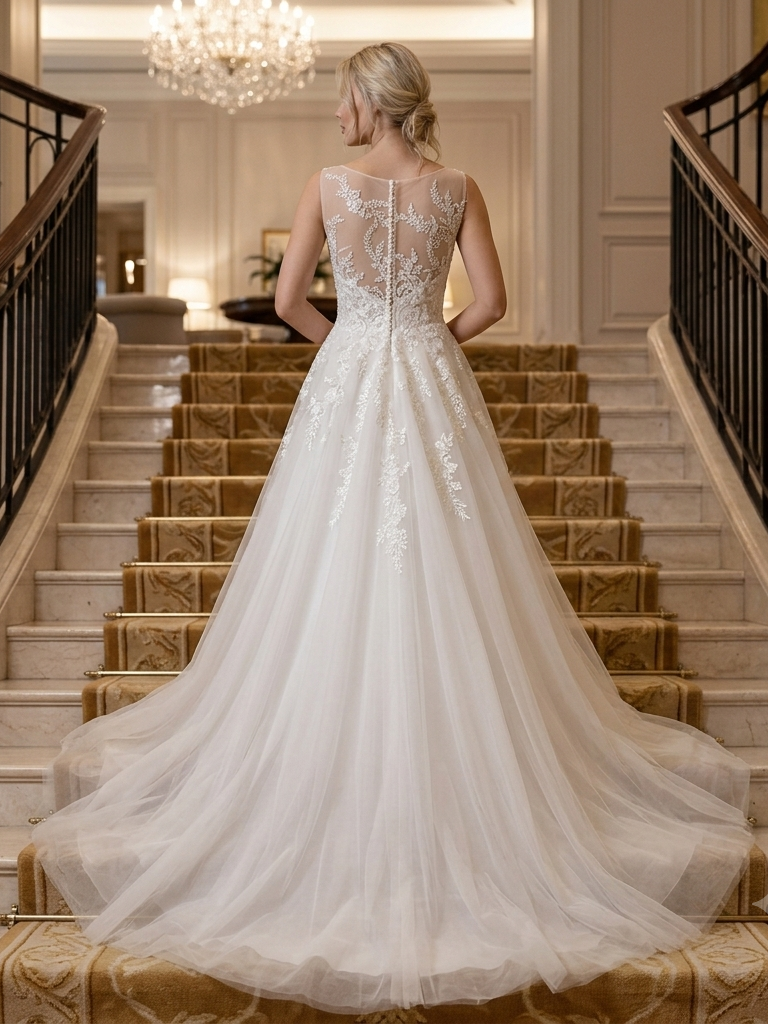 Lacey Bridal Ltd. Philippa A-line wedding gown with illusion back, damask lace, pearl details, and chapel train.