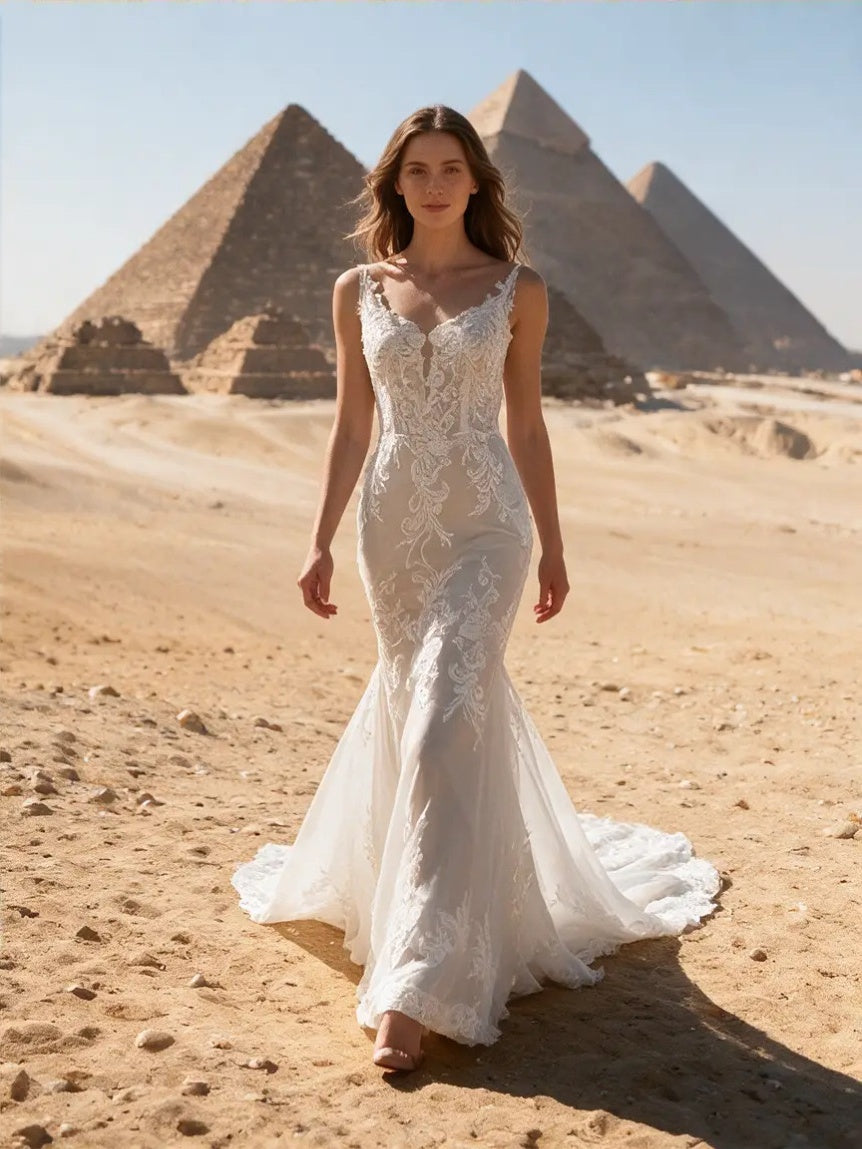 Lacey Bridal Ltd. Portia mermaid wedding gown with botanical lace, champagne underlay, and sweetheart neckline.