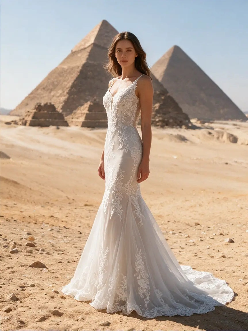 Lacey Bridal Ltd. Portia mermaid wedding gown with botanical lace, champagne underlay, and sweetheart neckline.