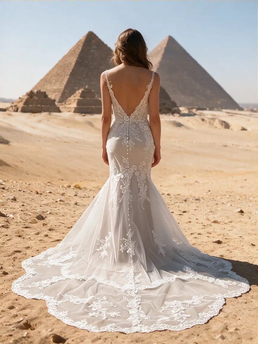 Lacey Bridal Ltd. Portia mermaid wedding gown with botanical lace, open V-back, and chapel train in the desert.