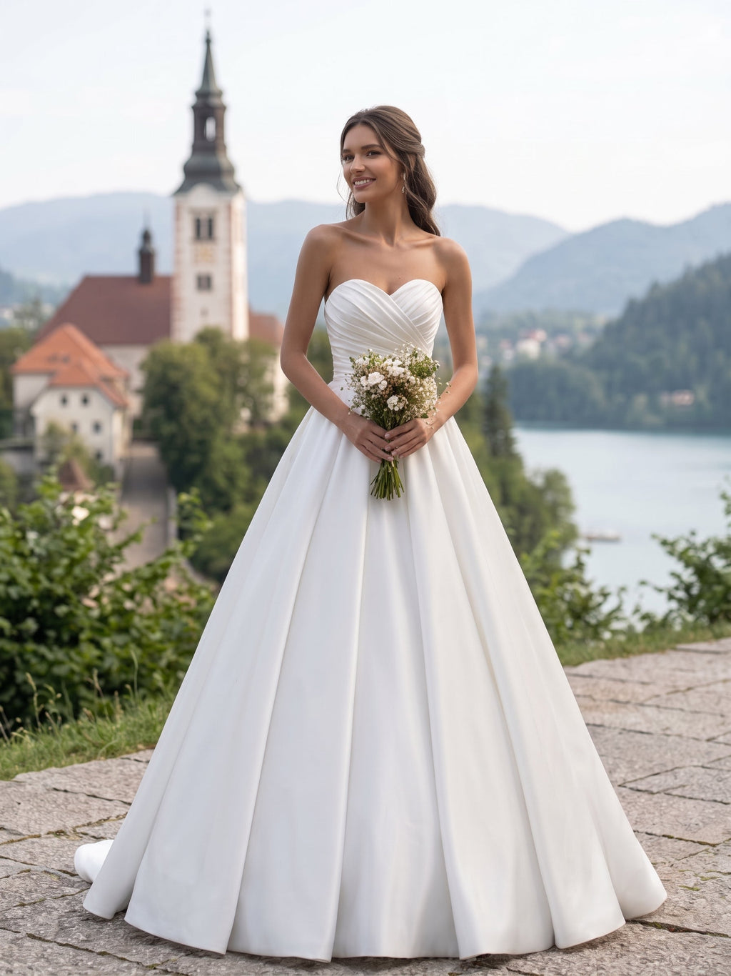 Lacey Bridal Ltd. ROMILLY strapless satin ball gown with a sweetheart neckline and ruched bodice in a scenic setting.