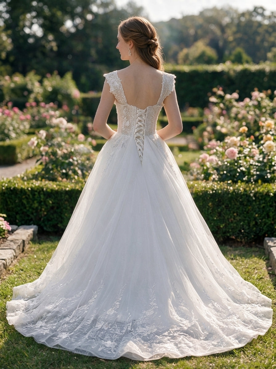 Lacey Bridal Ltd. Rosalba A-line wedding gown with lace-up corset back, floral embroidery, and tulle train in a garden