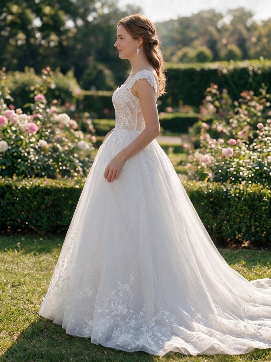Lacey Bridal Ltd. Rosalba A-line wedding gown with floral lace bodice, cap sleeves, and shimmering tulle skirt.