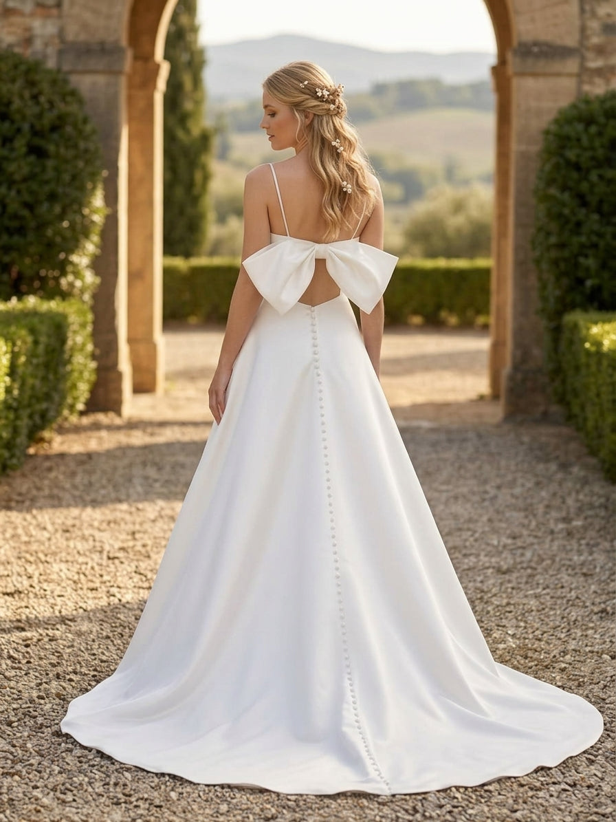 Lacey Bridal Ltd. Rosamund satin A-line wedding gown with back bow, keyhole cutout, and button-down train