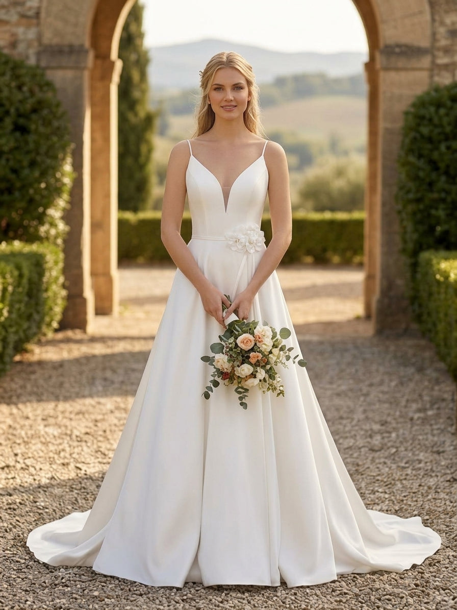 Lacey Bridal Ltd. Rosamund A-line satin wedding gown with spaghetti straps, V-neckline, and waist flower detail.
