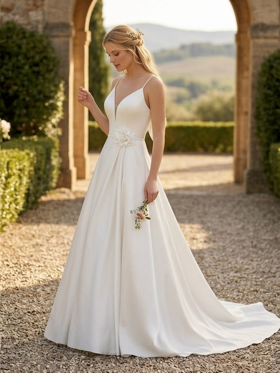 Lacey Bridal Ltd. Rosamund A-line satin wedding gown with spaghetti straps, V-neck, and floral waist detail.