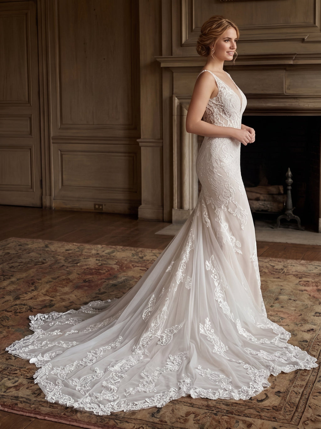 Lacey Bridal Ltd. Rosanna mermaid wedding gown with beaded lace bodice, plunging neckline, and tulle train.