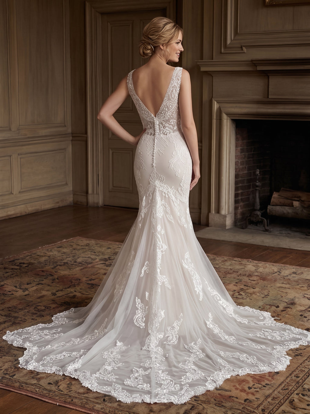 Lacey Bridal Ltd. Rosanna mermaid wedding gown with beaded lace, V-back, and tulle train in a classic manor setting.