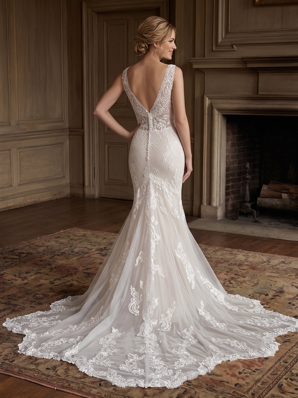 Lacey Bridal Ltd. Rosanna mermaid wedding gown with beaded lace, V-back, and tulle train in a classic manor setting.
