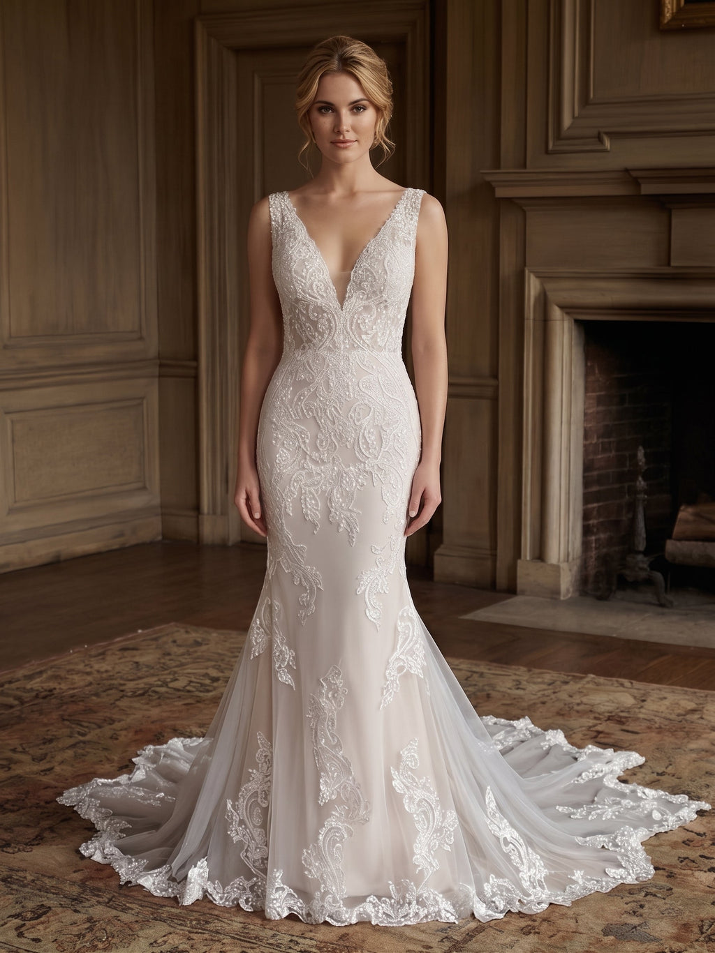 Lacey Bridal Ltd. Rosanna mermaid wedding gown with plunging V-neck, beaded paisley lace, and tulle skirt.